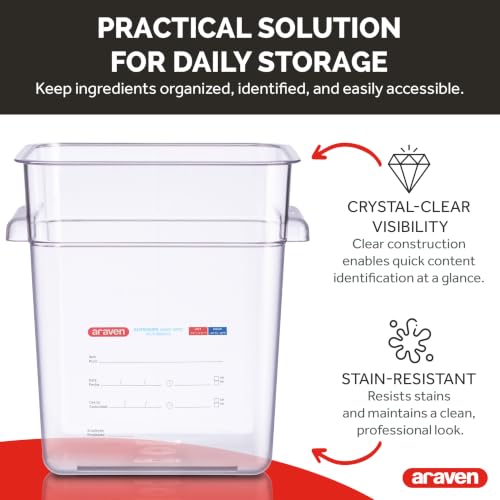 Araven Square Food Container, Food Container Commercial, 8 QT, Clear