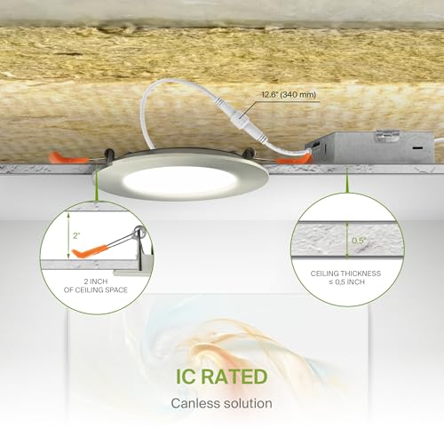 ASD 6 Pack LED Recessed Lighting 4 Inch 9W, 5 CCT 2700K-5000K CRI90+, IC Rated Ultra Thin Dimmable Ceiling Lights with J Box, Canless Wafer Downlight, Round Slim Panel Light, Energy Star ETL, Nickel - color: Nickel, size: 4 Inch 6 Pack
