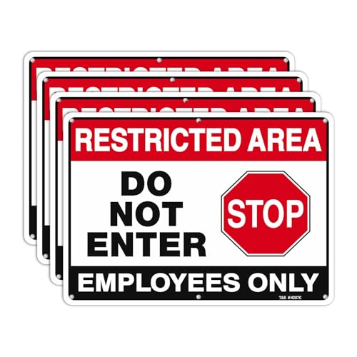 T&R Large Restricted Area Do Not Enter Employees Only Sign - 4 Pack - 14 x 10 Inches Rust Free .040 Aluminum - UV Protected, Waterproof, Weatherproof and Fade Resistant - 6 Pre-drilled Holes - color: Black & Red - 14" x 10" - 4 Pack