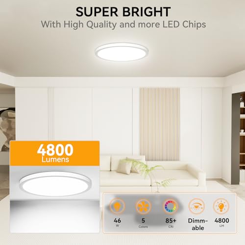 WKONCLDY 5CCT 3000k/3500K/4000K/5000k/6000k Selectable, Led Flush Mount Ceiling Light, 15.8 Inch 4800LM Round Modern Flat Panel,Super Slim for Living Dining Kitchen Bedroom Room - color: White, size: 16in-1Pack
