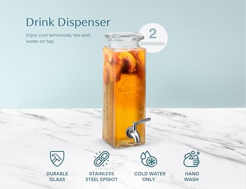 Kook Glass Drink Dispenser, with Leak-Proof Stainless Steel Spigot, Clear Rectangular Mason Jar, Beverage Storage for Fridge, for Water, Iced Tea, Sangria, Lemonade, 80 oz (2) - size: Pack of 2