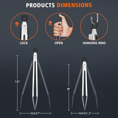 Hotec Tongs for Cooking Stainless Steel Kitchen Tongs Set of 2-9" and 12" - size: 9+12 inch, 2pack
