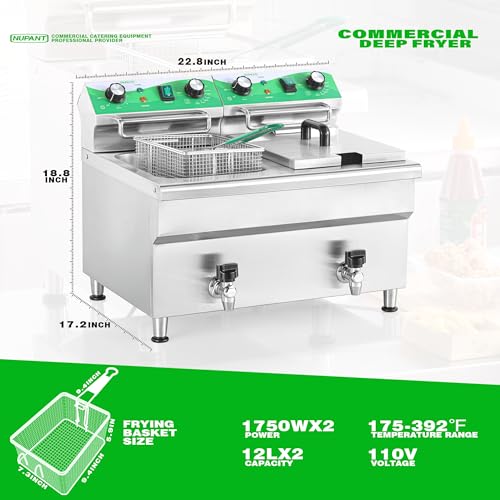 NUPANT 24L/25.4QT Commercial Deep Fryer with 2 Baskets and Lids, 110V Electric Fryer with Oil Filtration and Timer, Stainless Steel Large Double Tank Fryer Countertop Deep Fryer for Restaurant 3500W - size: 24L