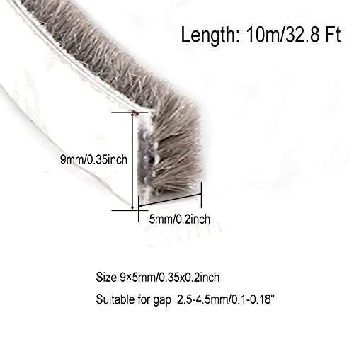 AcbbMNS Self-Adhesive Pile Weather Stripping 32.8ft L x 0.35'' W x 0.2'' H Grey Brush Weather Seal Strip for Door Window Weatherproof Dustproof Soundproof