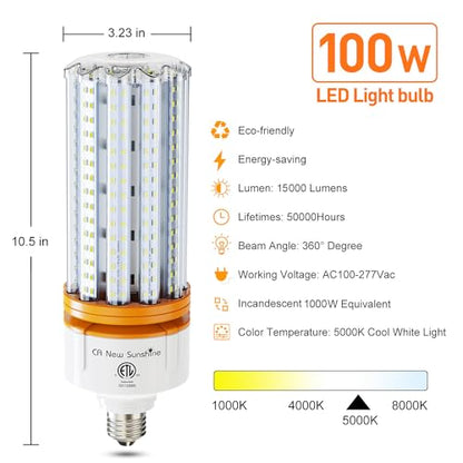 1000W Equivalent Led Corn Light Bulbs,100W Led Corn Bulb 15000 Lumen, 5000k Daylight White lamp, E26/E39 Medium Mogul Base, Large Area Lights for Outdoor Indoor Garage Warehouse High Bay Lighting