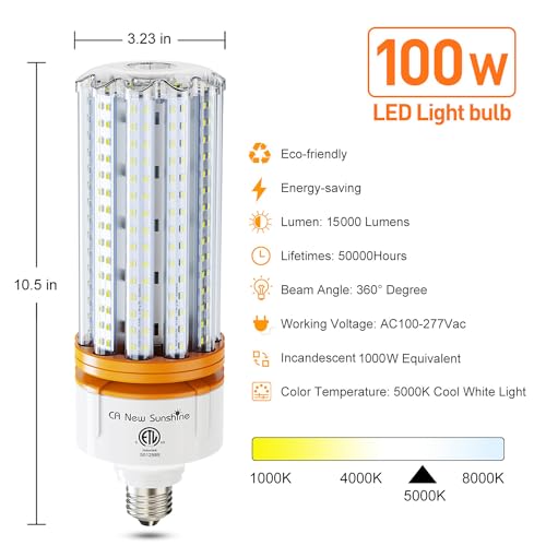 1000W Equivalent Led Corn Light Bulbs,100W Led Corn Bulb 15000 Lumen, 5000k Daylight White lamp, E26/E39 Medium Mogul Base, Large Area Lights for Outdoor Indoor Garage Warehouse High Bay Lighting