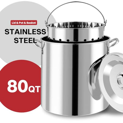 80QT Crawfish Boiler | Stainless Steel Seafood Boil Pot with Basket - size: 80QT+COVER+SKIMMER