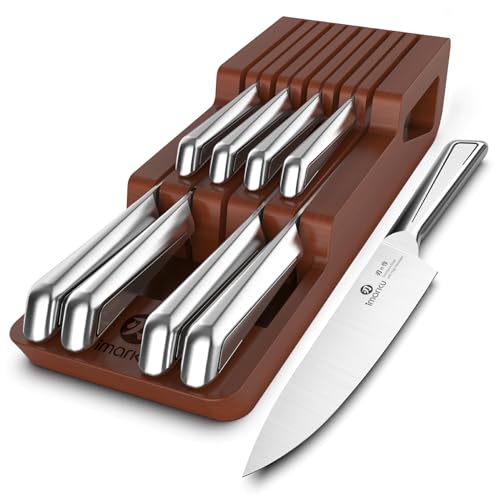 imarku 10 PCS Stainless Steel Drawer Knife Set with Wooden Organizer - color: Reddish Brown