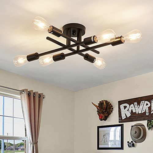 ZGLAOJT 6-Lights Semi Flush Mount Ceiling Light Fixture，Black Industrial Chandelier，Farmhouse Lighting for Dining Room Living Room Kitchen Bedroom - color: Black, size: 6-Light