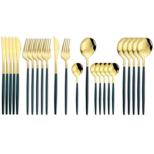 JASHII Flatware Serving Set 24 Piece, Stainless Steel Silverware Set, Green Gold Cutlery Set, Modern Elegant Tableware Set for Party, Christmas, Dinner (Green Gold) - color: Green Gold