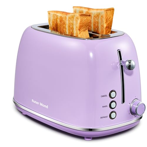 Roter Mond 2 Slice Toaster Retro Stainless Steel with Bagel, Cancel, and Defrost Functions, 6 Bread Shade Settings, Extra Wide Slots and Removable Crumb Tray, Lavender-Purple - color: Purple