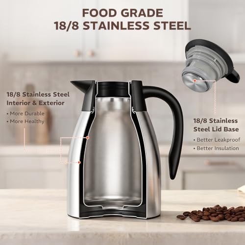 Thermal Coffee Carafe for Keeping Hot – 34OZ Insulated Small Coffee Pot - color: Stainless Steel, size: 34 Ounces