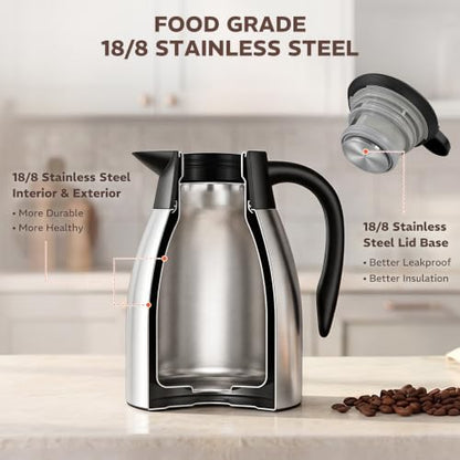 Thermal Coffee Carafe for Keeping Hot – 34OZ Insulated Small Coffee Pot - color: Stainless Steel, size: 34 Ounces