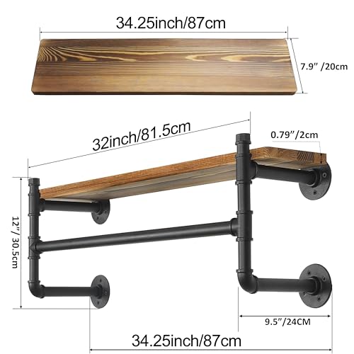 WEBI Wall Mounted Clothes Rack with Shelf,32" Industrial Pipe Clothing Rack with Shelves,Heavy Duty Iron Garment Rack Bar,Retail Display Clothes Rod for Clothes,Laundry Room,Black - color: Black, size: 32 Inch