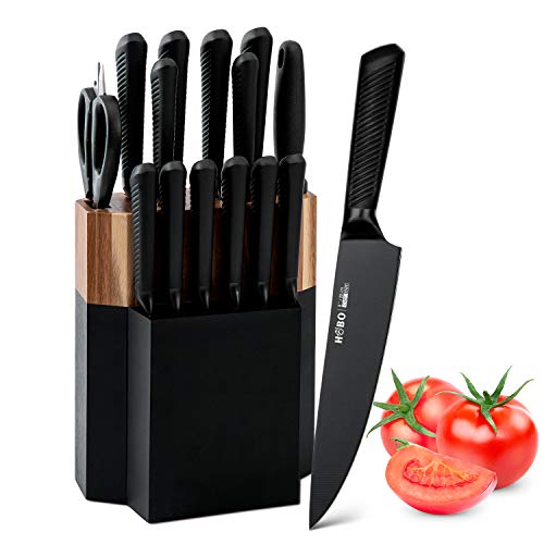 Knife Block Set, 15 Piece Stainless Steel Knife Set - color: Black