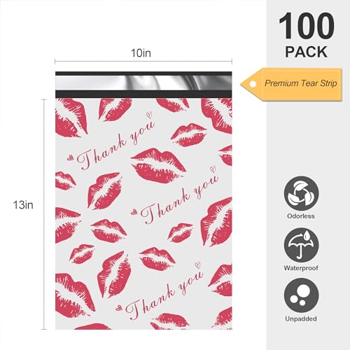 JinRuiKJ Thank You Poly Mailer 10x13 100 Pack, Red Lips Design - color: Red Lip, size: 10x13'' - 100 Pack