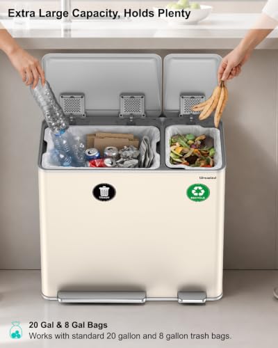 Dual Trash and Recycling Bins for Kitchen, 19+8 Gallon (72+30L) Stainless Steel Trash and Recycle Bin Combo with Soft-Close Lid, Large Garbage Cans for Kitchen Home with 2 Magnets Sticker, Apricot - color: Apricot