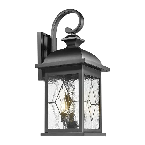 FEMILA 3-Light Outdoor Wall Light, 26" Large Exterior Wall Lantern with Water Ripple Glass, Porch Light for Entryway, Patio, Garage, and Doorway, E12 Base, 4FD54B-L SD BK - color: Matte Black, Lozenge Pattern, size: 26", Single Unit