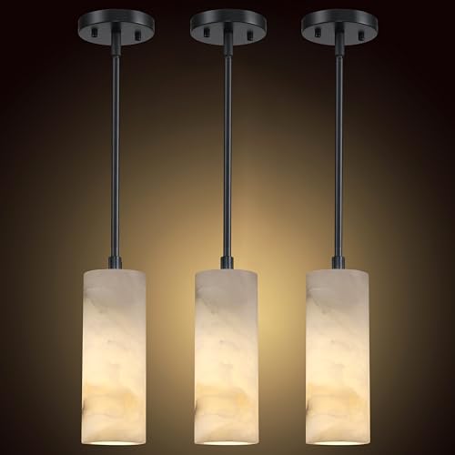 3 Pack 1 Light Hanging Natural Polyhedral Alabaster Marble Pendant Ceiling Light Fixture,Modern Industrial Farmhouse Kitchen Island Light Black Finish Over Sink Restaurant bar Corridor - color: Black 3.6" Polyhedral Marble, size: 3 Pack
