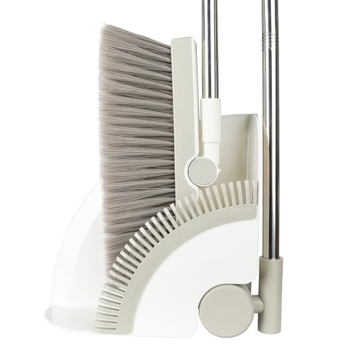 Triangular Indoor Broom and Dustpan Comb Set, 180° Rotating, Soft Bristle Long Handle Upright Sweeping Angled Broom with Self-Cleaning Teeth for Home, Kitchen, Office, Wood Floor (White Gray) - color: White Gray
