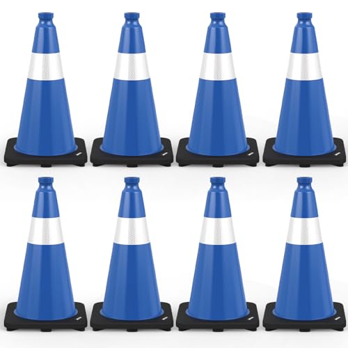 BATTIFE 8 Pack 18 Inch Traffic Cones, PVC Blue Cone, Black Weighted Base - color: Blue, size: 18 Inch