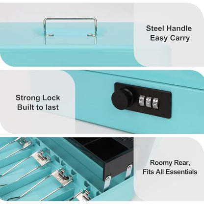 Cash Box with Combination Lock & Auto-Pop Coin Tray – Secure Steel Money Box with 4 Upgraded Finger-Safe Bill Clips, Premium Smooth Scratch-Resistant Coating, 11.8", Combo Teal - color: Combo Teal