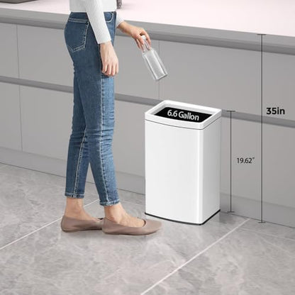 6.6 Gallon/25L Stainless Steel Square Trash Can, Large Capacity Kitchen Garbage Can, Business Trash Bin, Tall, Elegant, White Waste Basket, for Home, Office, Hotel (25LWhite) - color: 25LWhite