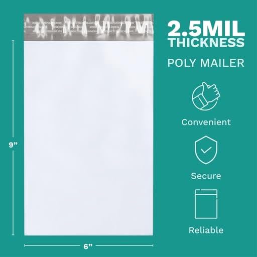 6" x 9" Poly Mailers, 500 Pack, 2.5 Mil, White Self Seal Waterproof, GPI - size: 6" x 9"