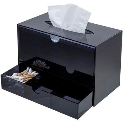 MyGift Premium Black Acrylic Cosmetic Organizer Caddy and Tissue Box Cover with Pull Out Makeup Storage Drawer - Countertop Bathroom Supplies Holder - color: Black