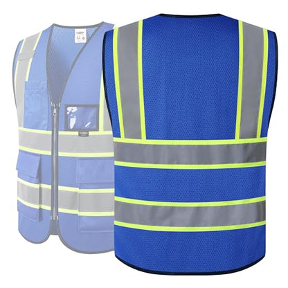 JKSafety Safety Vest for men women Hi Vis Vest with Pockets and Zipper High Visibility Reflective Vests BX320 - color: Blue, size: Small