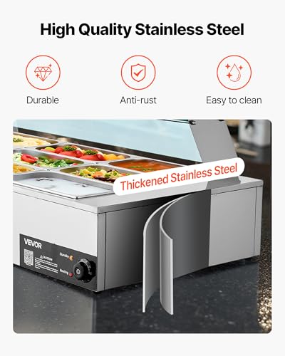 VEVOR Commercial Food Warmer, 1700W Electric Stainless Steel Steam Food Warmer with Glass Cover, 12-Pan Countertop Buffet Bain Marie with Soup & Perforated Ladles, for Catering, Restaurant & Party - size: 56.3 x 22.44 x 15.16 in