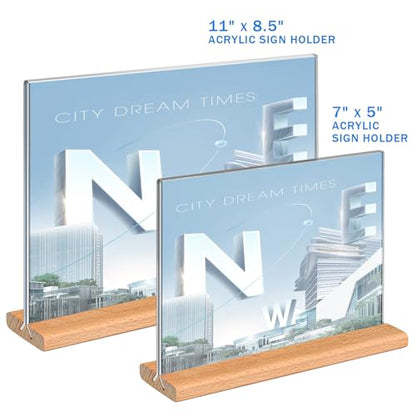 Kersally Acrylic Sign Holder 11 x 8.5'', 3 Pack Double-Sided Clear Table Display Stands with Wood Base,Horizontal Acrylic Frame Menu Flyer Paper Holder for Store, Restaurant, Hotel, Office, Show Fair