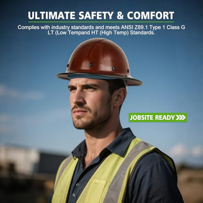 GREEN DEVIL Fiberglass Full Brim Hard Hat OSHA & ANSI Rated Fiber Hardhat for Men with Brim Guard - color: Natural Tan Full Brim Style