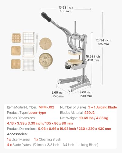VEVOR French Fry Cutter, Ergonomic Potato Slicer with 3 Blades (1/2", 3/8", 1/4") & Juicer Plate, Easy-Replace Vegetable Chopper Dicer for Carrot, Onion, Lemon, Ideal for Home & Commercial Kitchens - size: 1/4" + 3/8" + 1/2" + Juicer Plate