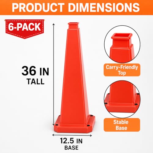 BESEA 6 Pack 36 Inch Red Traffic Cones with Weighted Base - color: Red, size: 36INCH
