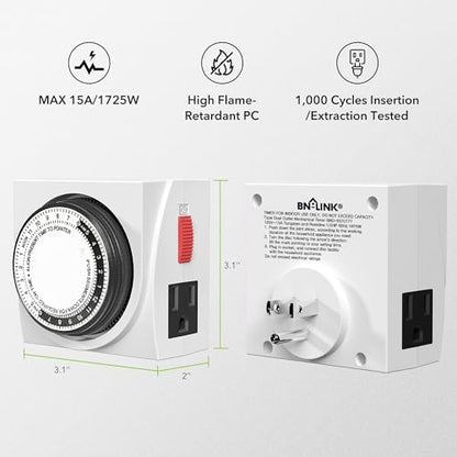 BN-LINK Heavy Duty Dual Outlet Mechanical Timer,24-Hour Light Timer,3-Prong - size: 3-Prong, 1-Pack, 2 Outlets, Heavy Duty