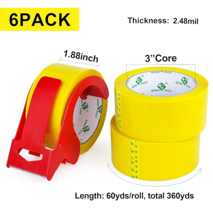 BOMEI PACK Yellow Packing Tape, 6 Rolls of Heavy Duty Packaging Tape for Shipping Packaging Moving Sealing, 2.5mil Thick, 1.88 inches Wide, 60 Yards Per Roll, 360 Total Yards - color: yellow