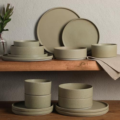 Gibson Elite Tatum Premium Porcelain Matte Reactive Glaze 16-Piece (Service for 4) Plates and Bolws Stackable Dishes Ceramic Dinnerware - Green - color: Green (Tatum)
