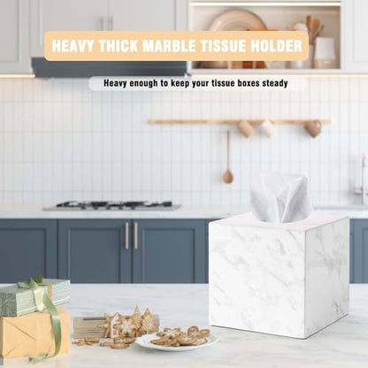 Natural Marble Tissue Box Holder Cover, Square Cube Tissue Box Holder with Open Bottom for Bathroom Vanity Tops, Bedroom Dressers, Kitchen Countertop, White Tissue Box(NS021) - color: White