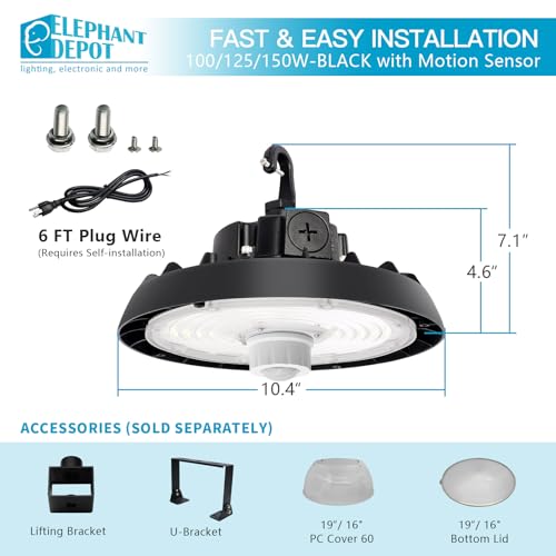 UFO Led High Bay Light with Motion Sensor, 100/120/150W, 14000/17500/21000LM, 2CCT 4000K/5000K, 0-10V Dimmable High Bay Led Shop Lights for Gym Factory Warehouse, Hook,UL