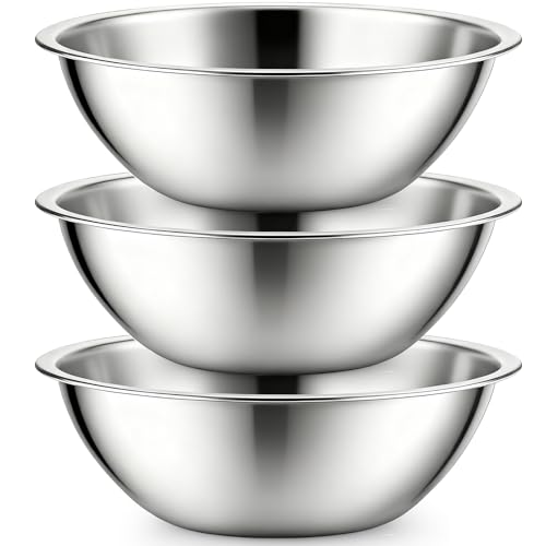 3 Pack Stainless Steel Mixing Bowls, 6 Quart Flat Base Stainless Steel Serving Bowls, 12.6 Inch Mirror Polish Large Metal Bowl Set for Kitchen Cooking, Baking, Prepping