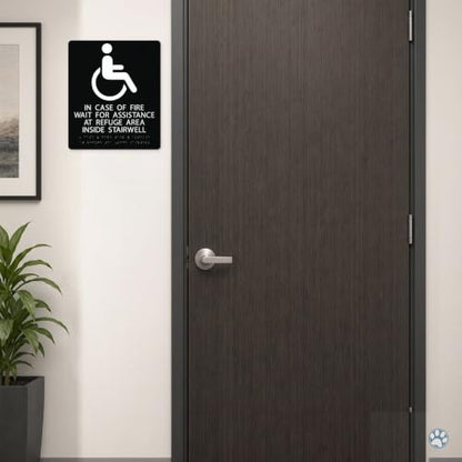 Alpha Dog In Case of Fire Wait Sign, 13x11 ADA Braille Sign, Black - color: Black, size: In Case of Fire - Wait for Assistance