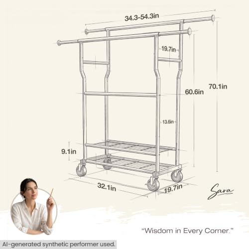 Heavy Duty Clothes Rack Load 960LBS, Adjustable Three Rods Rolling Garment Rack with Double-Layer Bottom Shelf, Portable Commercial Clothing Rack for Hanging Clothes with Wheels, Black - color: Black