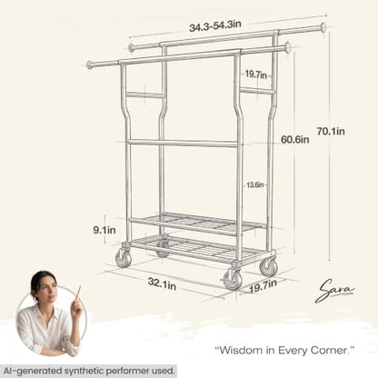 Heavy Duty Clothes Rack Load 960LBS, Adjustable Three Rods Rolling Garment Rack with Double-Layer Bottom Shelf, Portable Commercial Clothing Rack for Hanging Clothes with Wheels, Black - color: Black