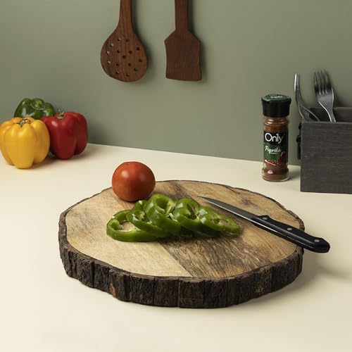 GoCraft Wooden Round Cutting Board with Tree Bark Rim | 1.5" Thick Mango Wood Live Edge Chopping, Prep, Serve Board | Charcuterie Platter - 12.5"