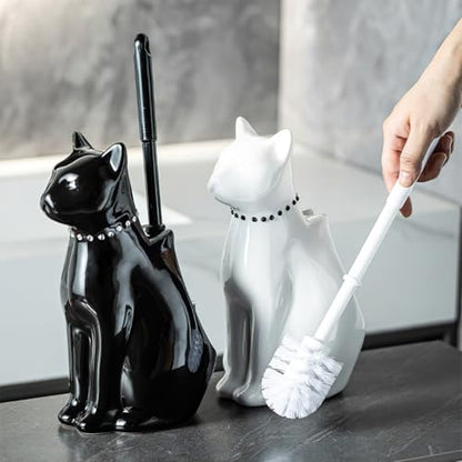 Cat Toilet Brush Holder - Ceramic Whimsical Feline Design with Wide-Mouth Storage, Black Toilet Bowl Brush and Holder Set Cute for Bathroom Ground, Easy-Clean Cat Lover Gift (White)