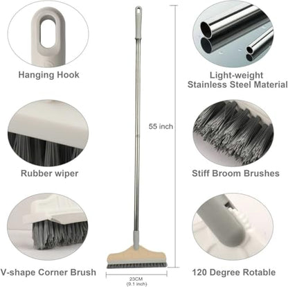 2 in 1 Floor Brush Scrubber with Long Handle Grout Brush 3 Poles 53.5'' New Upgrade Stiff Bristle Cleaning Scrub Brush with Squeegee 120°Rotating Tile Brush for Cleaning Bathroom Glass Patio Kitchen - color: Gray