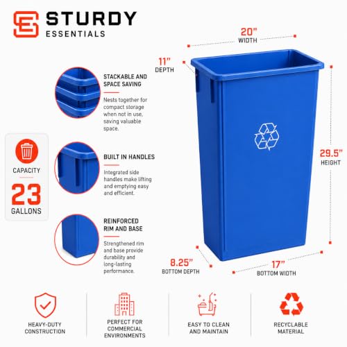 23 Gallon Slim Jim Rectangular Blue Recycling Trash Can | 3 PACK - color: Blue Recycling
