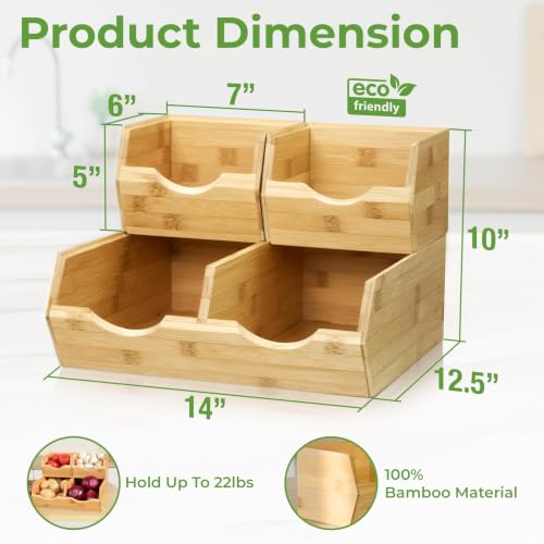 HOMESTEAD Bamboo Pantry Storage Bins – Stackable Potato & Onion Storage Bin for Kitchen Countertop, Pantry Organizer, Fruit Vegetable Basket, Multiuse - Set of 3 Slide-Out Access - size: Medium ( 3 Pack )