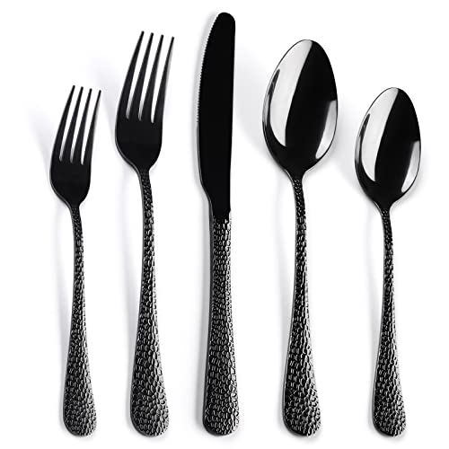 40 Piece Forged Black Flatware Set for 8 SANLUNS Stainless Steel Heavy Hammered Silverware Fine Dining Utensils Tableware Unique Cutlery Knives Forks Spoons,Reusable Holiday Gifts Mirror Dishwasher - color: SP-40piece/Black